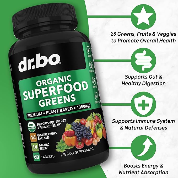 Organic Superfood Greens & Fruit Supplements - Energy Super Food Fruits and Veggies Supplement Tablets - Daily Green Veggie Powder Blend Plus Vegetable Foods Alfalfa, Spinach, Cabbage & Spirulina Tabs