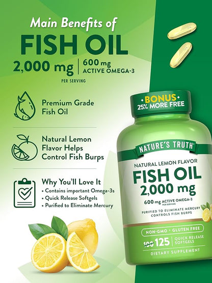 Nature's Truth Omega 3 Fish Oil 2000 mg | 125 Liquid Softgels | Burpless, Lemon Flavor Pills | Non-GMO and Gluten Free Supplement