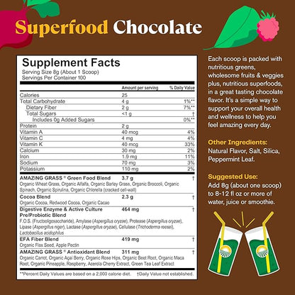 Amazing Grass Greens Superfood Powder: Greens Powder with Digestive Enzymes & Probiotics, Organic Spirulina, Chlorella, and Beet Root Powder, Chocolate, 100 Servings
