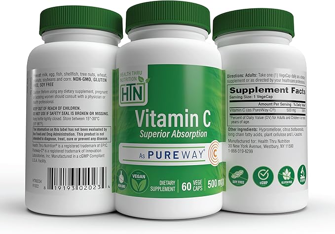 Health Thru Nutrition Vitamin-C 500mg as PureWay-C 60 Vegecaps Superior Absorption | Healthy Immune Function and Collagen Support | 3rd Party Tested | Vegan, Non-GMO and Gluten Free