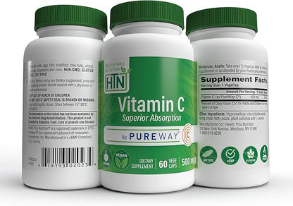 Health Thru Nutrition Vitamin-C 500mg as PureWay-C 60 Vegecaps Superior Absorption | Healthy Immune Function and Collagen Support | 3rd Party Tested | Vegan, Non-GMO and Gluten Free