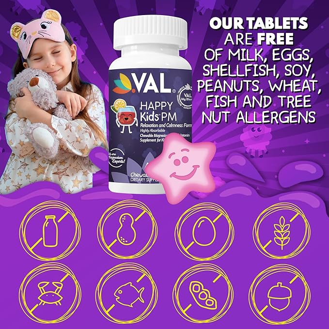 VAL Sugar-Free Calm Magnesium for Kids PM Chewable Tablets | Magnesium Glycinate, Citrate & Taurate | Melatonin & Vitamins B6 & C | Bedtime Support | Non-GMO | Blueberry Yogurt Flavor | 60 Count