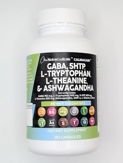 Clean Nutraceuticals GABA 750mg 5 HTP 200mg L Tryptophan 500mg L Theanine 200mg Ashwagandha SAM-e L-Glycine - Mood Support Vitamins for Women and Men with L-Tyrosine (90 Count (Pack of 2))