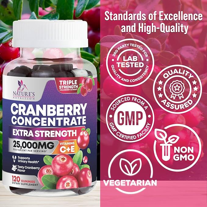 Cranberry Supplement Gummies + Vitamin C - Made with 25,000mg 50:1 Cranberry Extract to Help Cleanse and Protect The Urinary Tract, Nature's Chewable Cranberry Pills for Women, Non-GMO - 120 Gummies