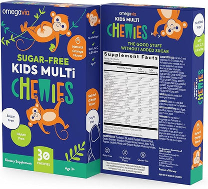OmegaVia Sugar Free Kids Multivitamin Chewies - Daily Chewable Gummy Vitamins for Kids 3+, Vitamin A, C, D3, E, B6 & B12, Folate & More, Natural Orange Flavor, 30 Count