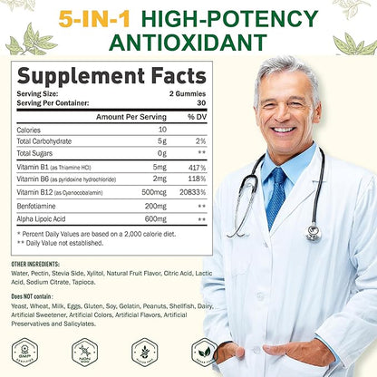 Alpha Lipoic Acid Gummies - Vegan, Sugar-Free,600 mg ALA Supplement - Pure ALA Alpha Lipoic Acid 600mg with Benfotiamine for Nerve Support, Antioxidant Support - 60 Counts