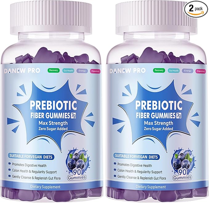Prebiotic Fiber Gummies for Adults, 7G Extra Strength, Zero Sugar Added, 90 Pectin Based Gummies, Digestive Health & Regularity Support-Blueberry-2PACK