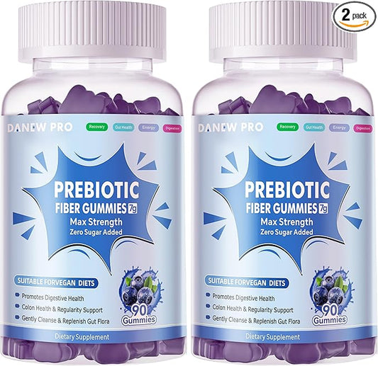 Prebiotic Fiber Gummies for Adults, 7G Extra Strength, Zero Sugar Added, 90 Pectin Based Gummies, Digestive Health & Regularity Support-Blueberry-2PACK