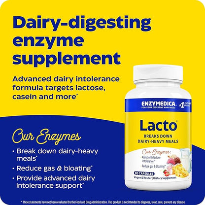 Enzymedica Lacto, Maximum Strength Formula for Dairy Intolerance, with Enzymes Lactase and Protease, Relieves Digestive Discomfort, 90 Capsules (FFP)