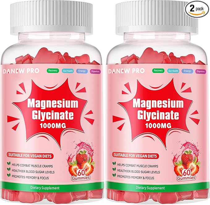 Magnesium Glycinate Gummies 1000mg - Sugar Free Magnesium Potassium Supplement with Vitamin D, B6, CoQ10 for Calm Mood & Sleep Support - 120 Strawberry Gummies