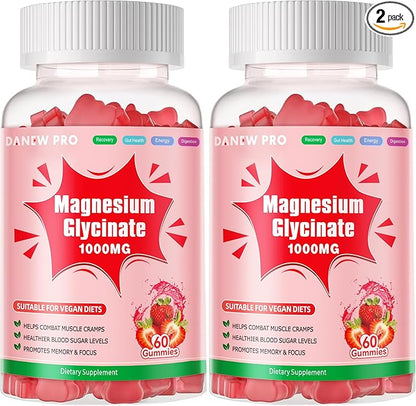 Magnesium Glycinate Gummies 1000mg - Sugar Free Magnesium Potassium Supplement with Vitamin D, B6, CoQ10 for Calm Mood & Sleep Support - 120 Strawberry Gummies