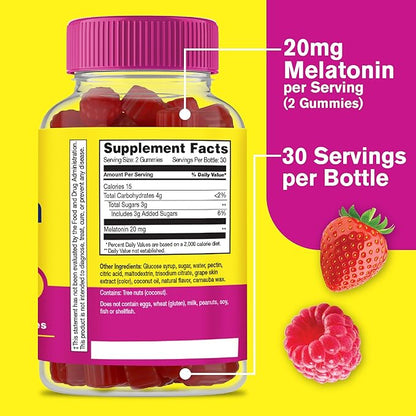 Melatonin Gummies 20mg (2 Pack) | Sleep Support | Maximum Strength Melatonin 20mg Gummies for Adults | Fast Dissolved | Great Berry Flavor | 60 Count | Vegan, Non GMO