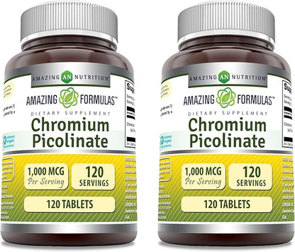 Amazing Formulas Chromium Picolinate | 1000 Mcg Tablets Supplement | Non-GMO | Gluten Free | Made in USA (2 Pack, 120 Count)