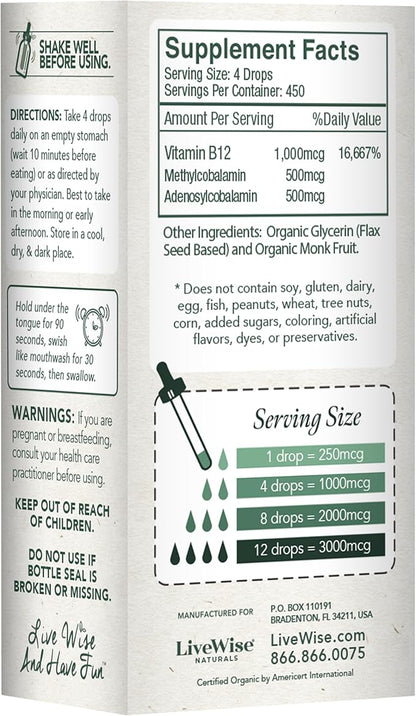 Liquid B12 Vitamin Sublingual – All-Natural Liquid Vitamin Vegan B12 Drops – Non-GMO Adenosylcobalamin Methylcobalamin B12 Supplement – Boost Your Immune System, Metabolism, Energy and Focus!