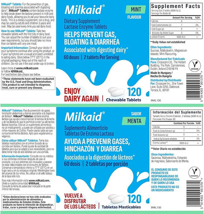Milkaid Lactase Enzyme Chewable Tablets for Lactose Intolerance Relief | Prevents Gas, Bloating & Diarrhea | Fast Acting Dairy Digestive Supplement (120 Tablets, Mint)