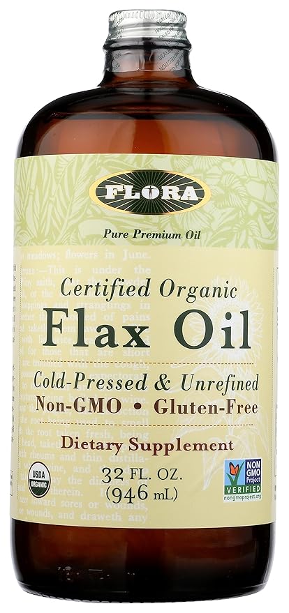 Flora - Flax Oil - Cold-Pressed, Unrefined, Organic Flax Seed Oil - Contains Omega-3 & Omega-6 - Non-GMO & Gluten-Free - Keep Chilled - 32 fl. oz. Amber Glass Bottle