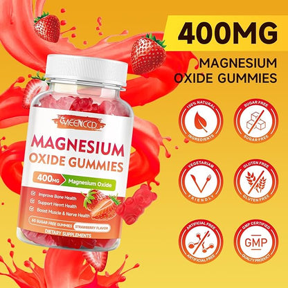Magnesium Oxide Gummies 400mg, Chewable Magnesium Oxide Supplement for Adults & Kids, Nerve & Muscle Support, Non-GMO, Sugar-Free, Strawberry Flavor, 60 Count