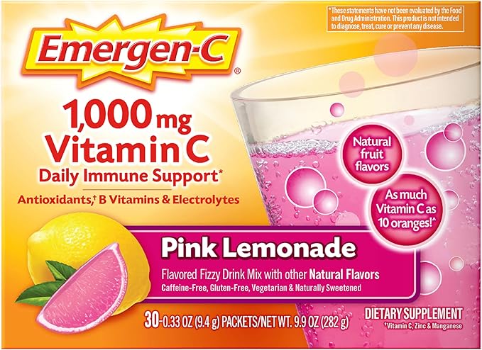 Emergen-C 1000mg Vitamin C Powder, with Antioxidants, B Vitamins and Electrolytes, Immunity Supplements for Immune Support, Caffeine Free Fizzy Drink Mix, Pink Lemonade Flavor - 30 Count