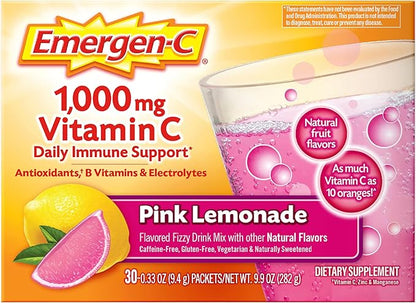 Emergen-C 1000mg Vitamin C Powder, with Antioxidants, B Vitamins and Electrolytes, Immunity Supplements for Immune Support, Caffeine Free Fizzy Drink Mix, Pink Lemonade Flavor - 30 Count