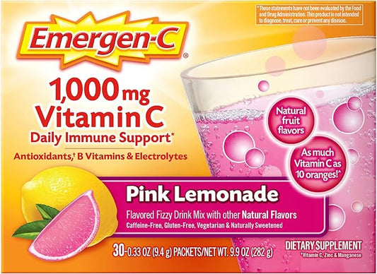 Emergen-C 1000mg Vitamin C Powder, with Antioxidants, B Vitamins and Electrolytes, Immunity Supplements for Immune Support, Caffeine Free Fizzy Drink Mix, Pink Lemonade Flavor - 30 Count