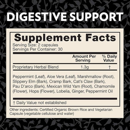 Crystal Star Digestive Support Supplement (60 Capsules) - Herbal Gut Health Supplement That Helps with Occasional Gas & Bloating - Peppermint, Aloe Vera, Slippery Elm & Ginger – Non-GMO