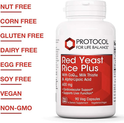 PROTOCOL FOR LIFE BALANCE Red Yeast Rice Plus - Heart Health & Liver Support - with Coenzyme Q10, Alpha Lipoic Acid & Milk Thistle Extract - Non-GMO & Soy Free - 90 Veg Caps
