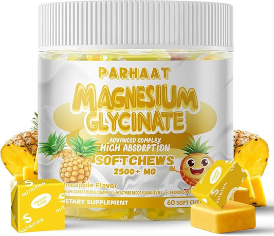 Magnesium Glycinate Soft Chews, Pineapple Flavor.Chewable Sugar Free Potassium Magnesium Chews with Magnesium Glycinate, Vitamin D, B6, and CoQ10 for Calm Support & Sleep for Adults, 60 Days Supply