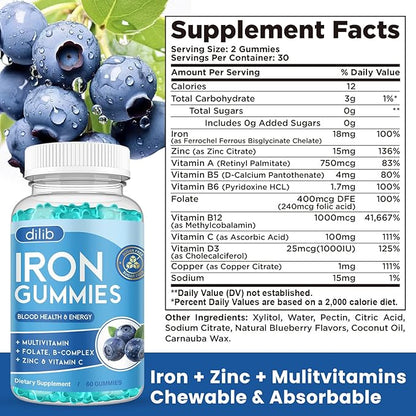 Iron Gummies with Multivitamin, Iron Supplement for Women & Men with Zinc, Vitamin B Complex & C, B12, Folate - Blood Builder & Energy Support for Adults & Kids - Blueberry Flavor, Vegan 60 Gummies