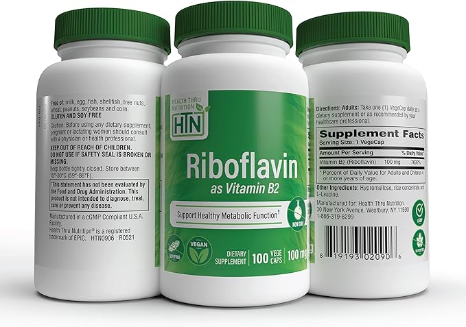 Health Thru Nutrition Riboflavin 100mg Vitamin B2 100 Vegecaps | Supports Healthy Energy Metabolic Function & Nervous System | 3rd Party Tested | Non-GMO Soy & Gluten Free Hypoallergenic