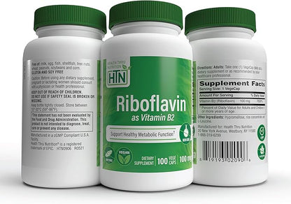Health Thru Nutrition Riboflavin 100mg Vitamin B2 100 Vegecaps | Supports Healthy Energy Metabolic Function & Nervous System | 3rd Party Tested | Non-GMO Soy & Gluten Free Hypoallergenic