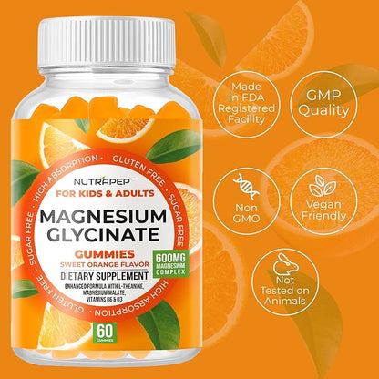 Magnesium Glycinate Gummies for Kids & Adults Women & Men - Sugar Free Gluten Free Non-GMO Vegan Chewable Supplement (2 Pack)