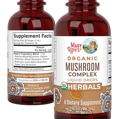 MaryRuth Organics USDA Mushroom Complex | Herbal Liquid Drops | Supplement | Lion's Mane | Reishi Mushroom | Shiitake Mushrooms | Non-GMO | Vegan | Alcohol Free Tincture | 30 Servings