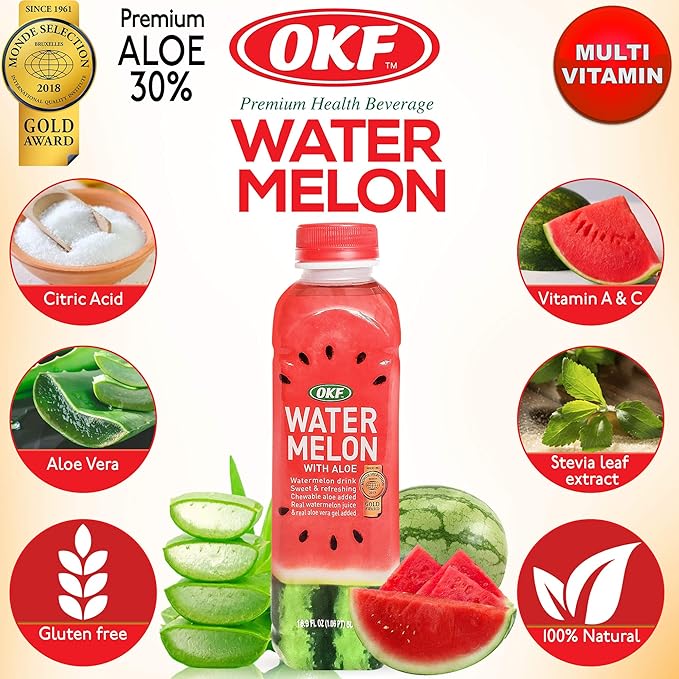 OKF Watermelon with Aloe Vera Drink, Sweet and Refreshing W/Chewable Aloe added. Real Watermelon Juice and Real Aloe Vera Gel Added, 16.9 Fluid Ounce (Pack OF 10)
