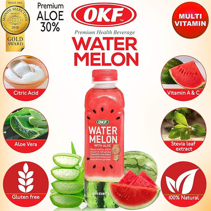 OKF Watermelon with Aloe Vera Drink, Sweet and Refreshing W/Chewable Aloe added. Real Watermelon Juice and Real Aloe Vera Gel Added, 16.9 Fluid Ounce (Pack OF 10)