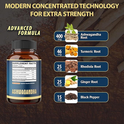 Ashwagandha Extract Capsule - Great Strength - 5in1 Blended Ginger, Turmeric, Rhodiola Rosea & Black Pepper - 90 Capsules for 3 Months - Strength, Spirit & Immune Support