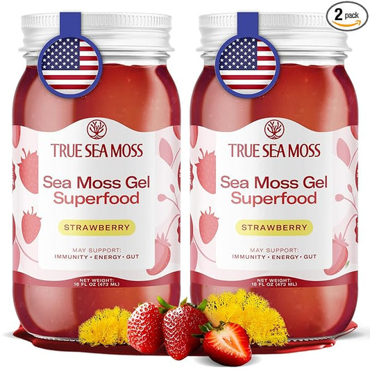 TrueSeaMoss Wildcrafted Irish Sea Moss Gel - Made with Dried Seaweed & Fresh Sea Vegetables, Seamoss - Made in USA (Strawberry, Pack of 2)