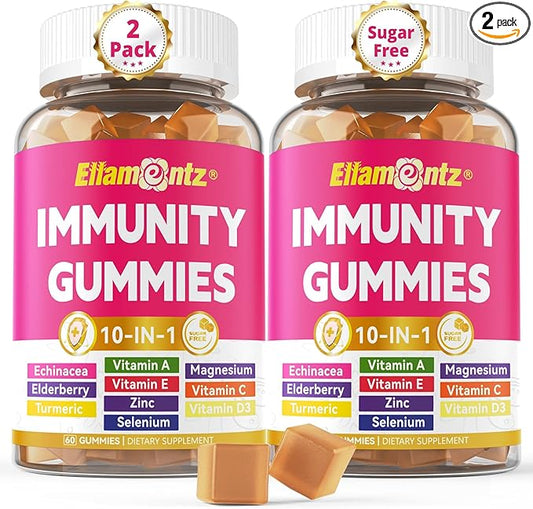 10-In-1 Immune Gummies with Multivitamins, 100% Daily Zinc, Vitamin C & D3 Immunity Supplement + Echinacea, Sambucus Elderberry, Turmeric, Magnesium, Immune Support, Overall Health, Sugar Free, 2 Pack