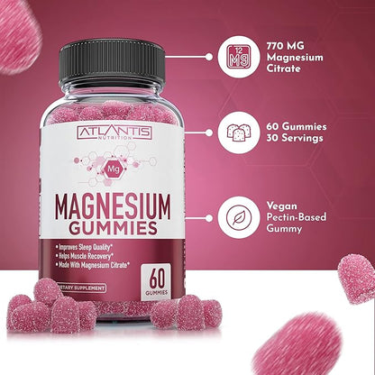 Atlantis Nutrition Magnesium Citrate Gummies – 770mg Magnesium Citrate for Kids & Adults | Supports Muscle Recovery, Eases Cramps, Promotes Calmness & Better Sleep | 60 Vegan Gummies