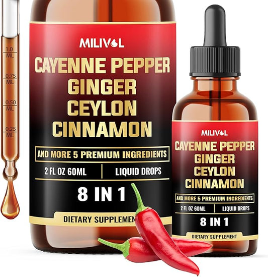8in1 Cayenne Pepper Liquid Drops with Ginger, Ceylon Cinnamon and 5 More Herbals - Digestion, Circulatory Heath Support - 2 Fl Oz for 2 Months