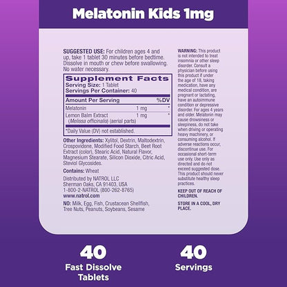 Natrol Kids Fast Dissolve Melatonin 1 mg, Dietary Supplement for Restful Sleep, Sleep Tablets for Kids, 40 Strawberry-Flavored Melatonin Tablets, 40 Day Supply