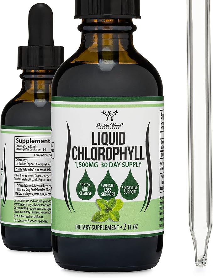 Chlorophyll Liquid Drops - Peppermint Flavored, Vegan Safe (Rich, Full Texture and Taste, Not Watered Down) for Skin Health, and Immune Function (Líquidas de Clorofila) by Double Wood