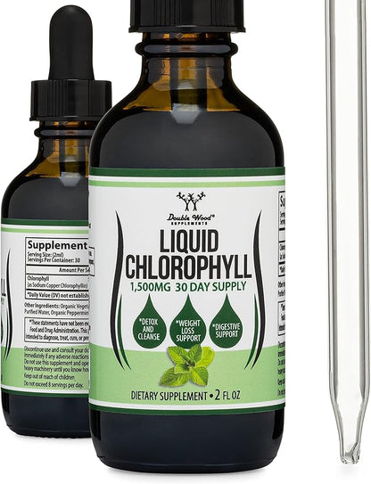 Chlorophyll Liquid Drops - Peppermint Flavored, Vegan Safe (Rich, Full Texture and Taste, Not Watered Down) for Skin Health, and Immune Function (Líquidas de Clorofila) by Double Wood