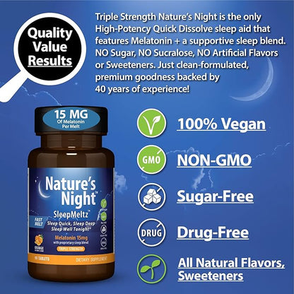 Nature's Night Triple Strength Quick Dissolve Melatonin 15mg with Supportive Blend | Natural Orange Flavor | 90 Count | Sugar Free, Vegan, Non-GMO, Drug Free