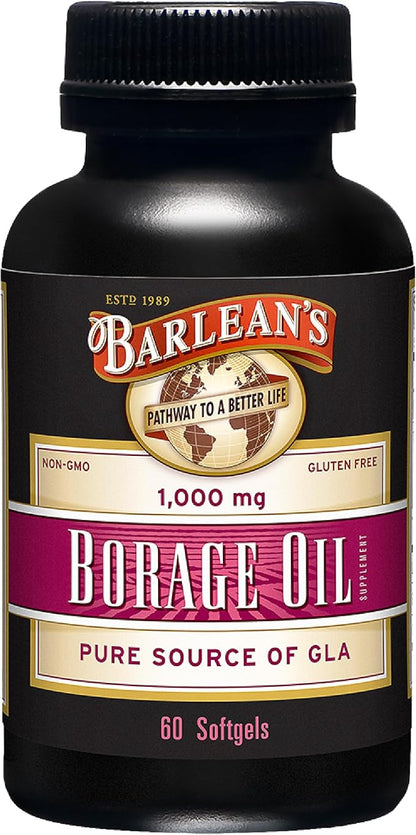 Barlean's Borage Oil Capsules, 1000mg Cold Pressed Pure Borage Seed Oil GLA Supplement, Omega 6 for Healthy Skin Joints and Bones and Brain Function, Non-GMO and PA Safe, 60 Count