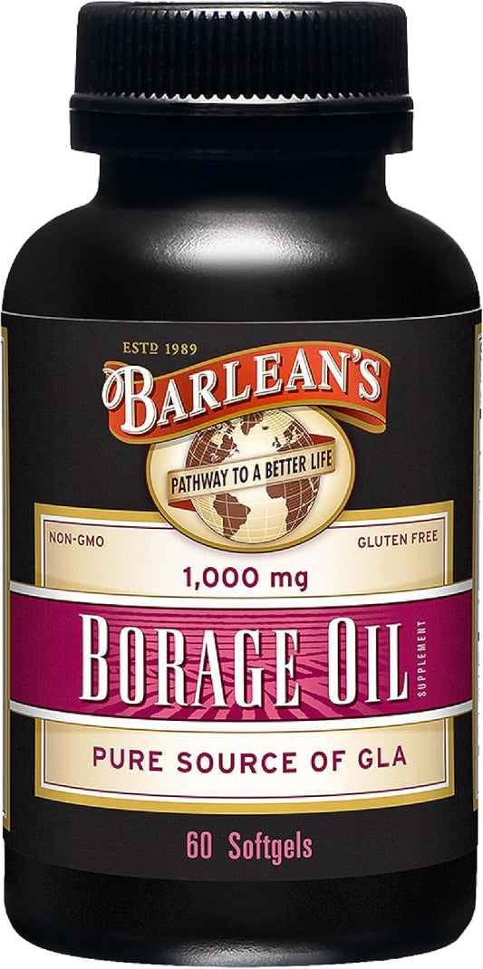 Barlean's Borage Oil Capsules, 1000mg Cold Pressed Pure Borage Seed Oil GLA Supplement, Omega 6 for Healthy Skin Joints and Bones and Brain Function, Non-GMO and PA Safe, 60 Count