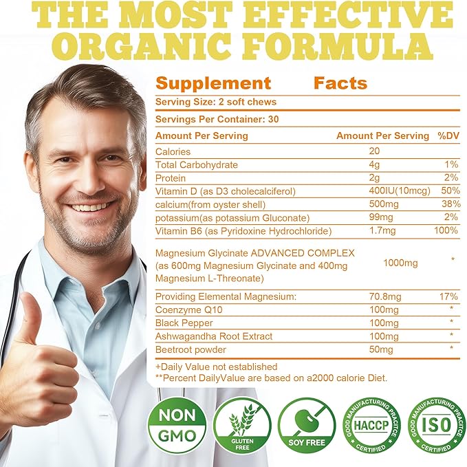 Magnesium Glycinate Soft Chews, Pineapple Flavor.Chewable Sugar Free Potassium Magnesium Chews with Magnesium Glycinate, Vitamin D, B6, and CoQ10 for Calm Support & Sleep for Adults, 60 Days Supply