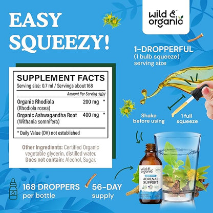 Wild & Organic Adrenal Support Drops for Positive Outlook - Natural Adrenal Support Supplements for Women and Men - Vegan, No Sugar & Alcohol - 2-Month Supply - 4 fl oz