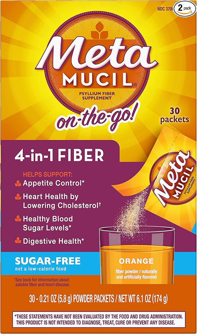 Metamucil Fiber 4-in-1 Psyllium Fiber Supplement Sugar-Free Powder Single-Serve Packets Orange Flavored Drink 2 Boxes of 30 Packets (OLD)