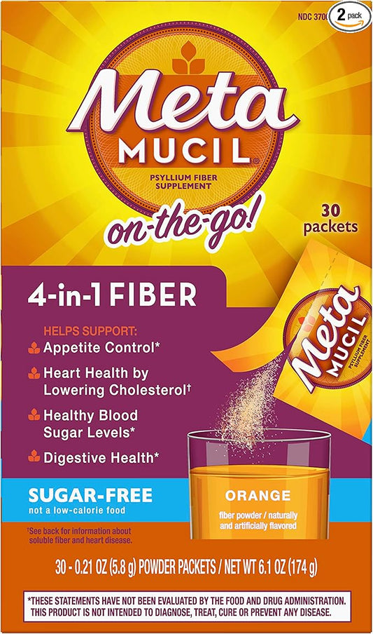 Metamucil Fiber 4-in-1 Psyllium Fiber Supplement Sugar-Free Powder Single-Serve Packets Orange Flavored Drink 2 Boxes of 30 Packets (OLD)