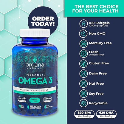 Omega 3 Fish Oil 2,000 mg - High EPA 820 mg + DHA 620 mg - 180 Triple Strength Burpless Lemon Flavored Softgels